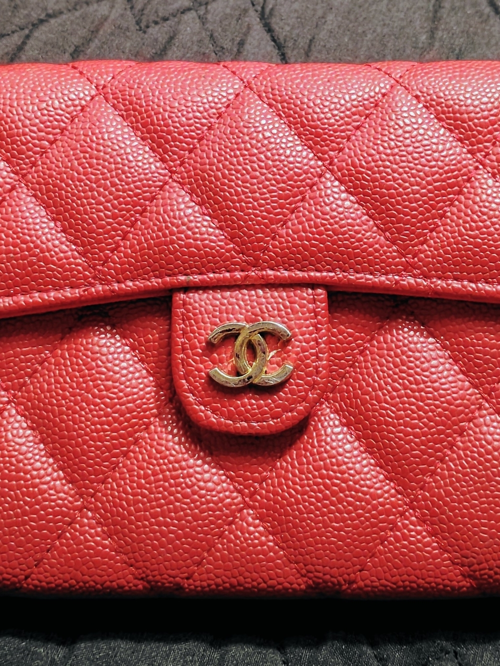 CHANEL Quilted Red Caviar Leather Clutch with Gold CC